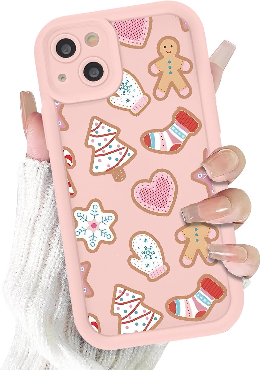 Christmas Phone Case for iPhone 14 6.1", Cute Christmas Tree Gingerbread Man Snowflake Pattern Gifts Case, Pink Aesthetic Protective Shockproof Silicone Cover for Women Girls Men -Pink Snowflakes