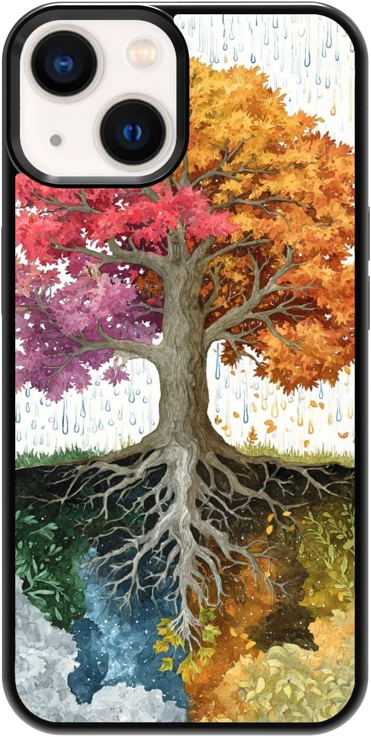 Four Seasons Tree of Life Watercolor Nature Phone Case, Shockproof Protective Cover for iPhone 11 12 13 14 15 16 17 Pro Max Plus Mini XR 7 8 SE