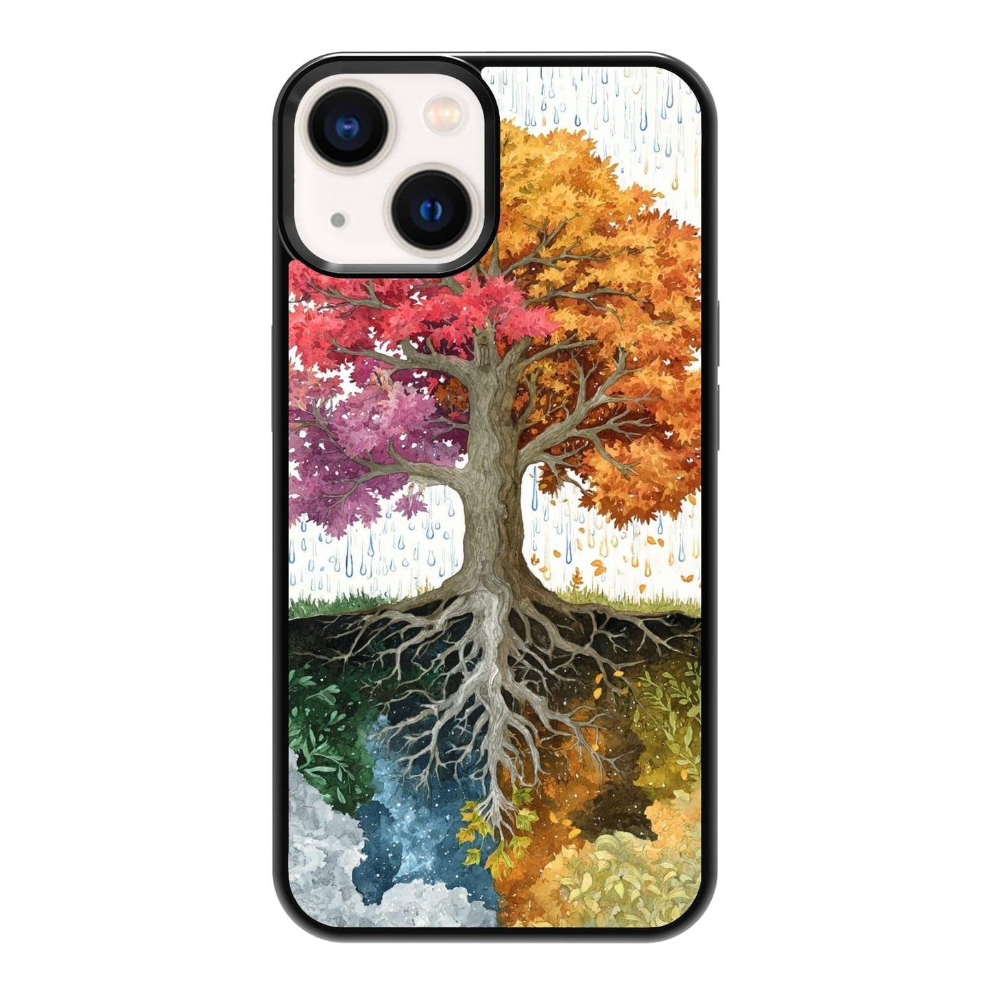 Four Seasons Tree of Life Watercolor Nature Phone Case, Shockproof Protective Cover for iPhone 11 12 13 14 15 16 17 Pro Max Plus Mini XR 7 8 SE