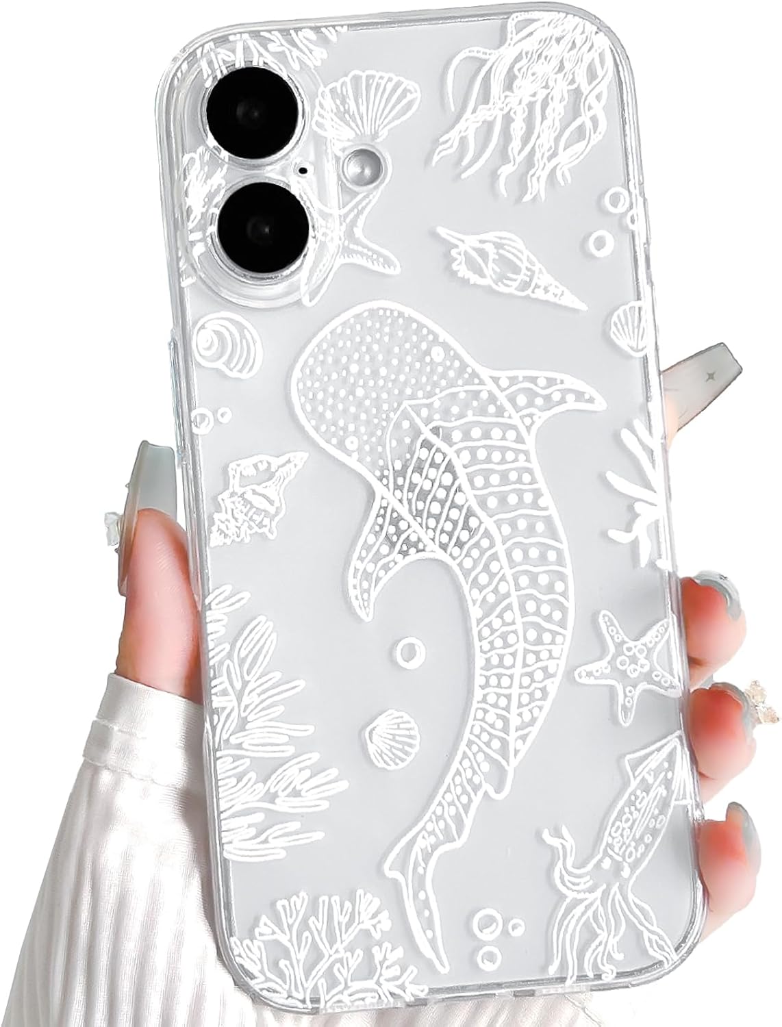 NITITOP Compatible with iPhone 16 Case Clear Sea - White Fish | Cute, Shell whale ocean animal, For women men girls boys, Slim, Soft TPU, Shockproof