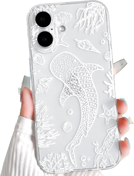 NITITOP Compatible with iPhone 16 Case Clear Sea - White Fish | Cute, Shell whale ocean animal, For women men girls boys, Slim, Soft TPU, Shockproof