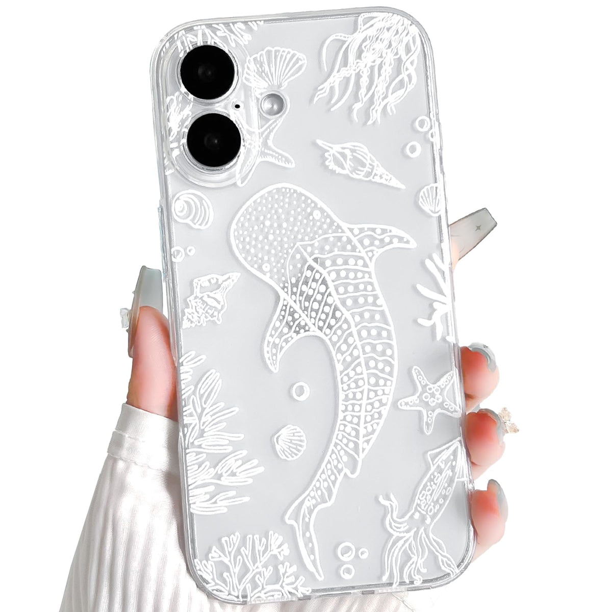 NITITOP Compatible with iPhone 16 Case Clear Sea - White Turtle | Cute, Shell whale ocean animal, For women men girls boys, Slim, Soft TPU, Shockproof