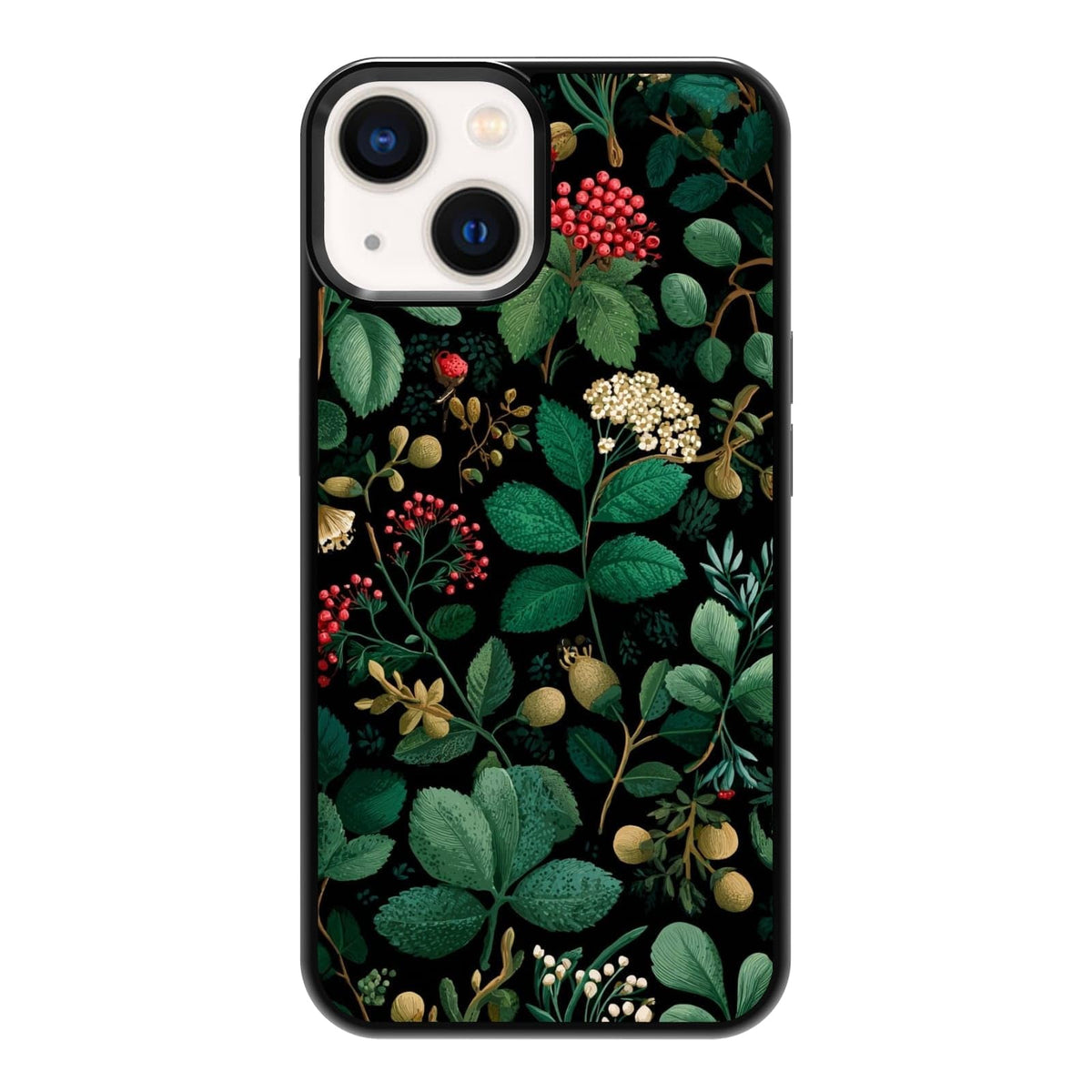 Dark Botanical Wildflower Forest Green Leaf White Blossom Nature Art Phone Case, Shockproof Protective Cover for iPhone 11 12 13 14 15 16 17 Pro Max Plus Mini XR 7 8 SE