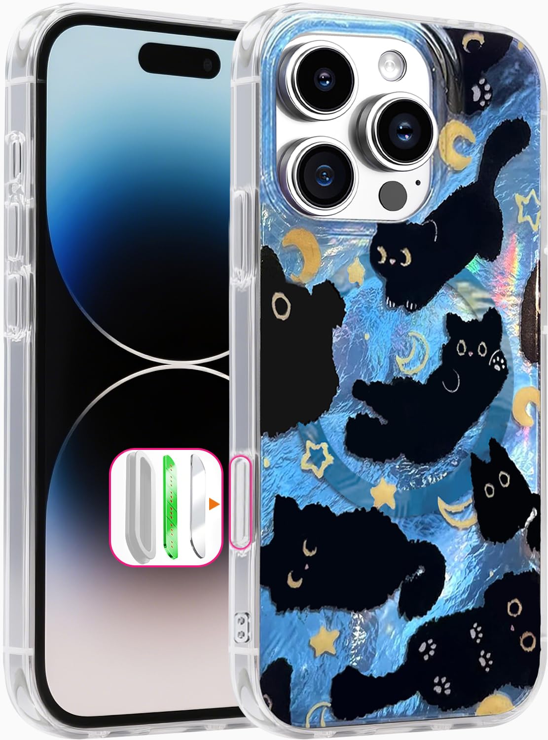 for iPhone 13 Case & iPhone 14 Case Shiny black cat-Purple Design,Cute trendy Soft Slim TPU Shockproof Protective Bumper adorable Phone Cases Cover for Women Girls Aesthetic,iphone 14/13 6.1"