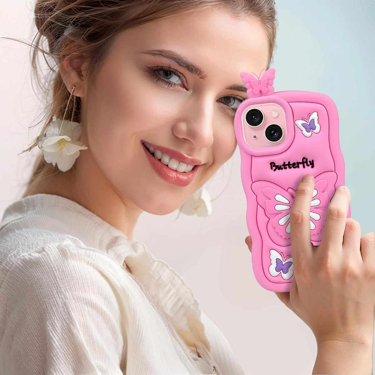 Cute Phone Case Compatible with iPhone 13, Butterfly iPhone 14 Cases, Animal iPhone 15 Girly 3D Cartoon Soft Silicone Heavy Duty Protection Cover for Girls Kids Women