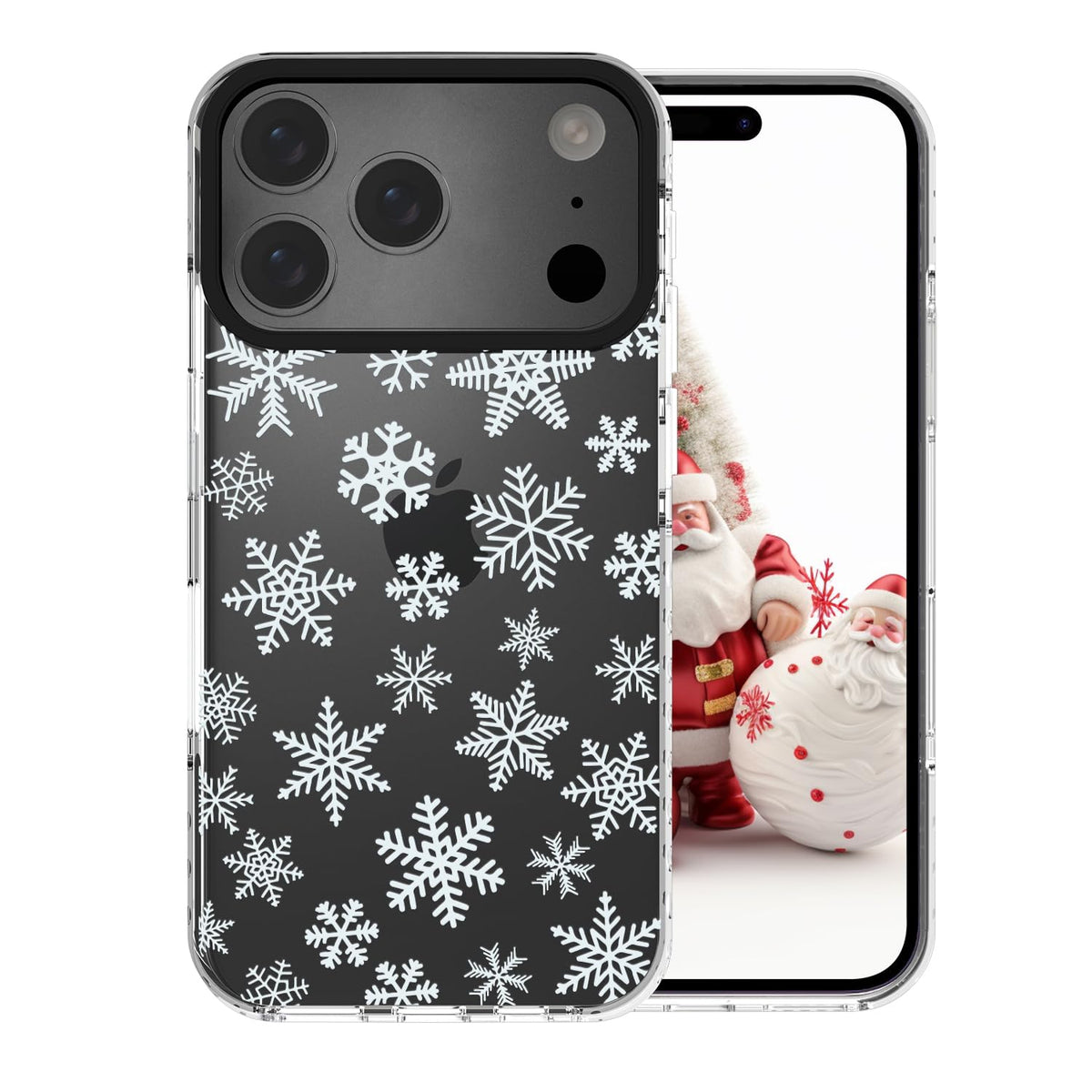Christmas Phone Case Compatible for iPhone 16 Snowflake Case Clear TPU + Black Camera Frame Protection Winter Phone Cover for Women