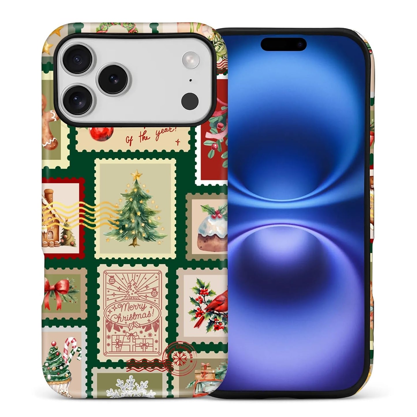 Case for iPhone 17,Drop Protection Hybrid 2-Layer Hard Phone Cover-Vintage Christmas Stamps Collage