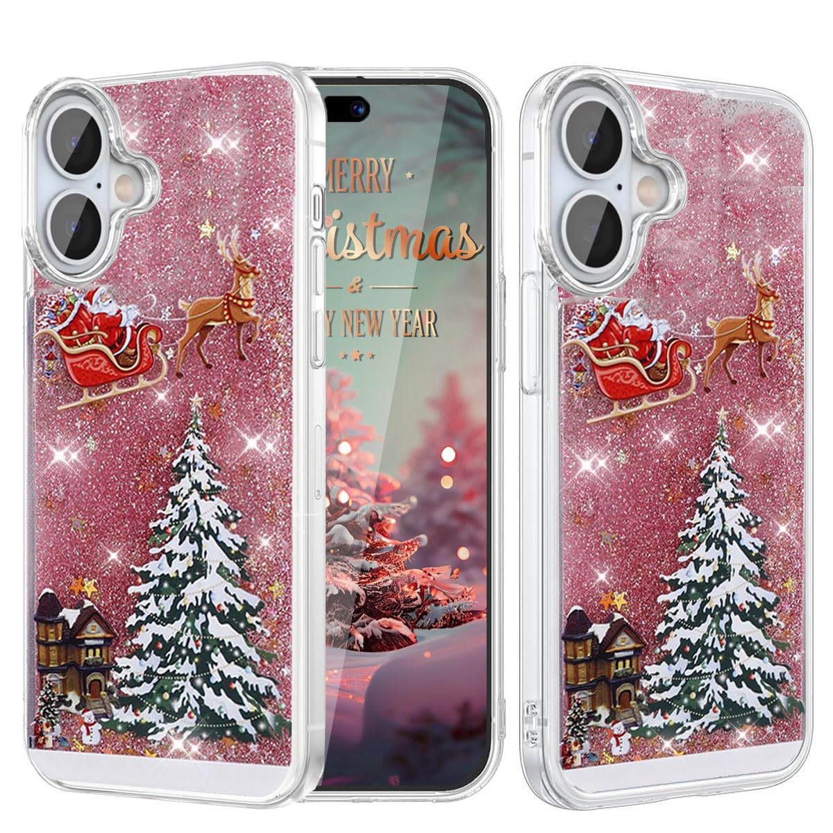 Glitter Christmas Case for iPhone 17 Glitter Case Christmas Tree Clear Floating Flowing Moving Bling Snowman Santa Elk Tree Women Cute Liquid Holiday Case for iPhone 17, Silver