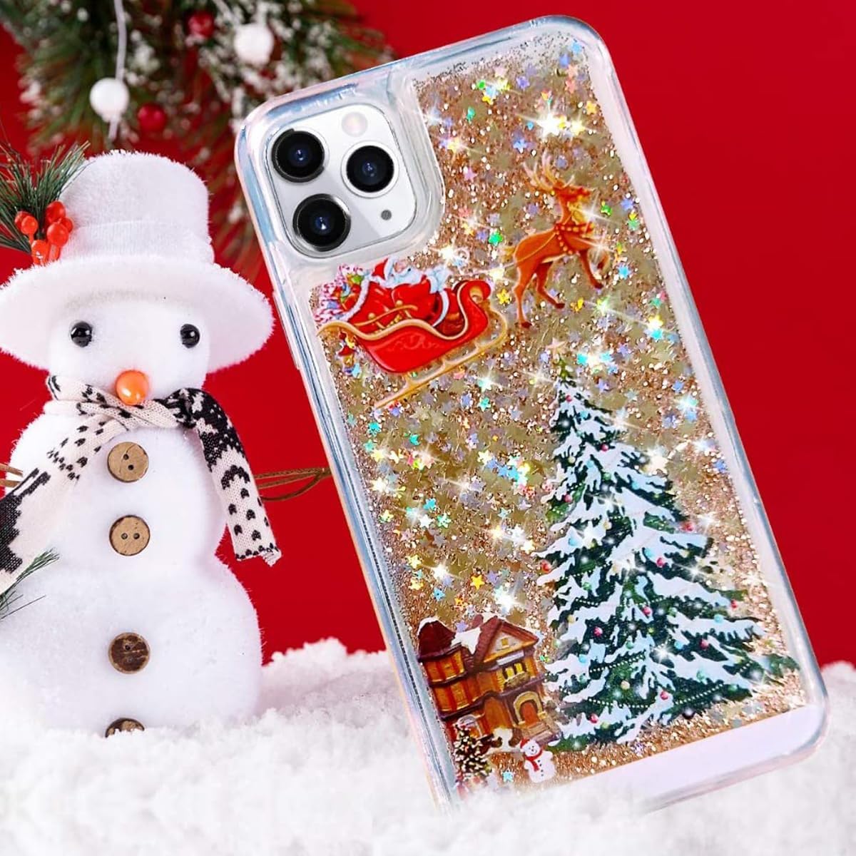 Changjia Glitter Christmas Case for iPhone 11, Cute Christmas Tree Santa Elk Liquid Flowing Floating Moving Bling Sparkle Clear TPU Bumper Shockproof Women Girls Phone Case for iPhone 11 6.1" (Gold)