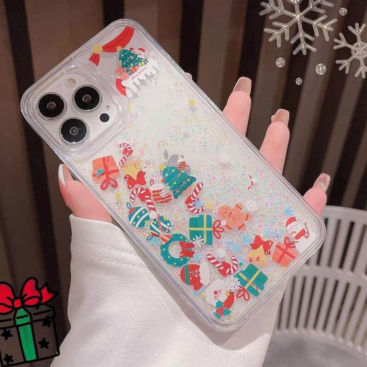 Glitter Flowing Liquid Christmas Case for iPhone 16 Christmas Pattern Santa Reindeer Snowman Holiday Design Floating Moving Sparkle Bling Glitter Transparent for iPhone 16 (Clear)