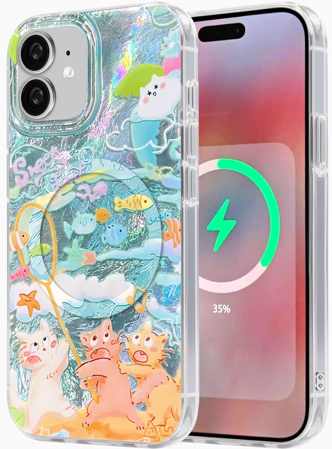 Compatible with iPhone 17 Case,with [Soft Slim][Camera Protection] Cute Fishing Cats Shiny Aesthetic Phone Cover Anti-Yellowing Shockproof Protective Cover for Women Girl