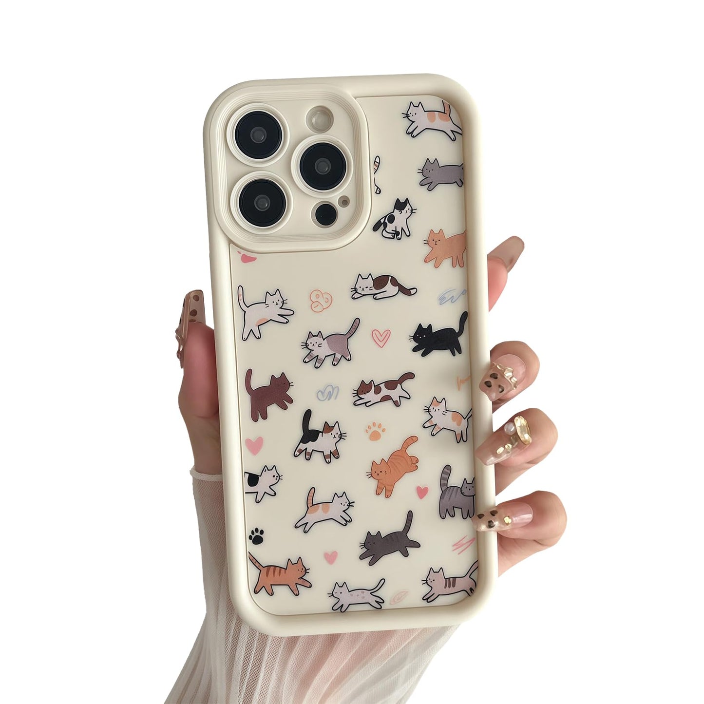 for iPhone 13 Phone Case, Cute 3D Cat Ears and Vintage Hand-Drawn Multi-Cats Heart Cartoon Pattern, with Cat Paw Buttons, Trendy Shockproof Soft Protective Phone Cover, Cat Ears