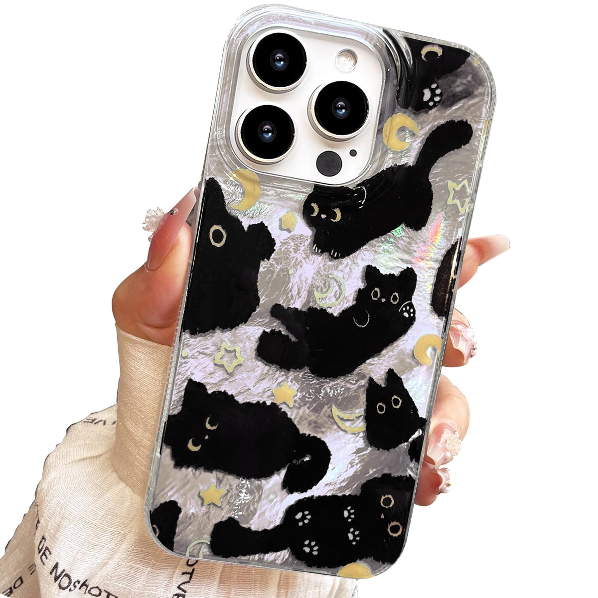 Compact Case for iPhone 15 Black cat Design,Cute Trendy Soft Slim TPU Shockproof Protective Bumper Phone Cases Cover for Women Girls Aesthetic Glitter Shiny Adorable