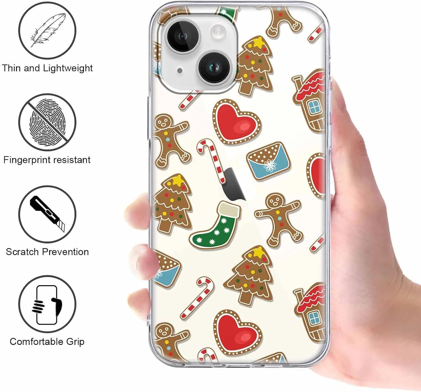 2 Pack Clear Christmas Phone Case for iPhone 13/14 6.1 inches, Cute Cookies Candy Canes Yellow-Resistant Protective Soft Slim Shockproof Xmas TPU Bumper Cover for Girls Woman Men