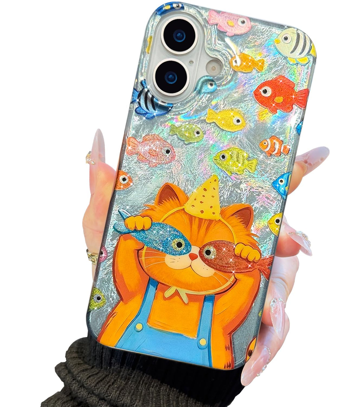 Compatible with iPhone 17 Case,with [Soft Slim][Camera Protection] Cute Fishing Cats Shiny Aesthetic Phone Cover Anti-Yellowing Shockproof Protective Cover for Women Girl