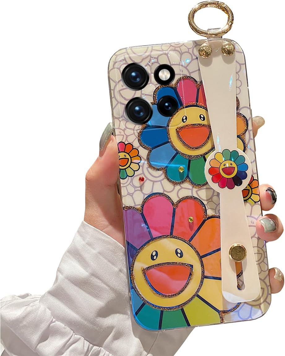 for Motorola Moto G Power 5g 2025 Case 6.8" with Wrist Strap Stand Glitter IMD Cute Kawaii Cartoon Pattern Design Shockproof Protective Phone Cases for Girls & Women - Sunflower