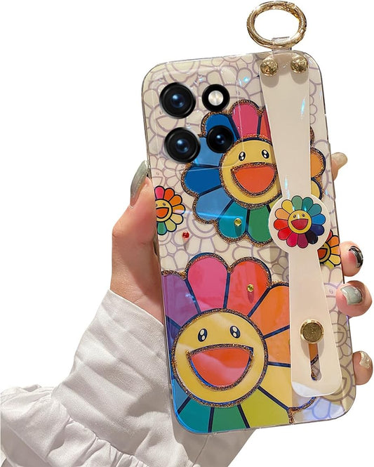 for Motorola Moto G Power 5g 2025 Case 6.8" with Wrist Strap Stand Glitter IMD Cute Kawaii Cartoon Pattern Design Shockproof Protective Phone Cases for Girls & Women - Sunflower