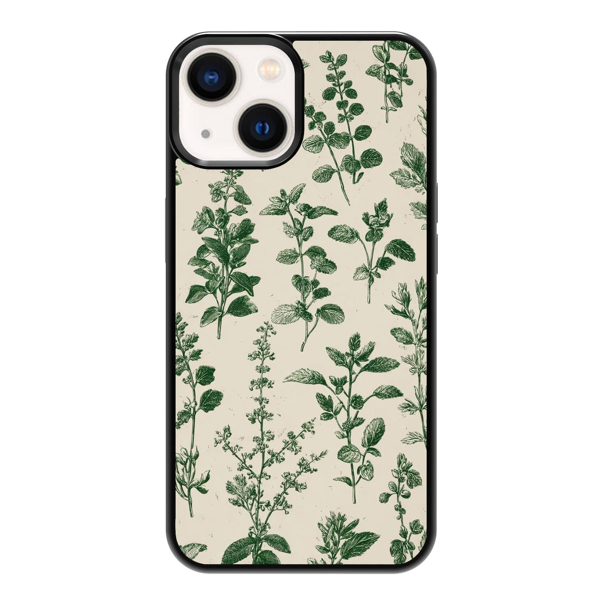 Vintage Green Herb Botanical Leaf Sketch Nature Phone Case, Shockproof Protective Cover for iPhone 11 12 13 14 15 16 17 Pro Max Plus Mini XR 7 8 SE