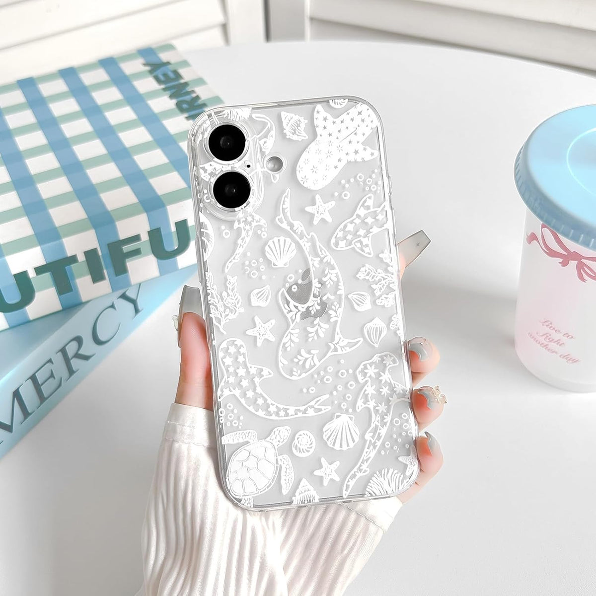 NITITOP Compatible with iPhone 16 Case Clear Sea - White Turtle | Cute, Shell whale ocean animal, For women men girls boys, Slim, Soft TPU, Shockproof