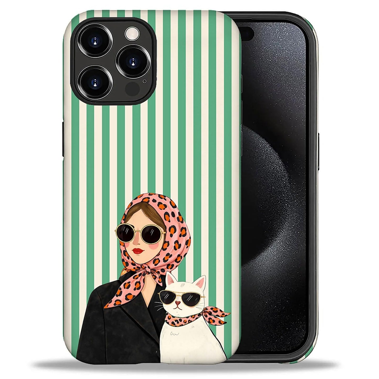 for iPhone 15 Pro Case,Hybrid 2-Layer Hard Shell + Silicone Protective Case -Resistant Shockproof- A Naughty Cat with Blue Stripes Eating Fish