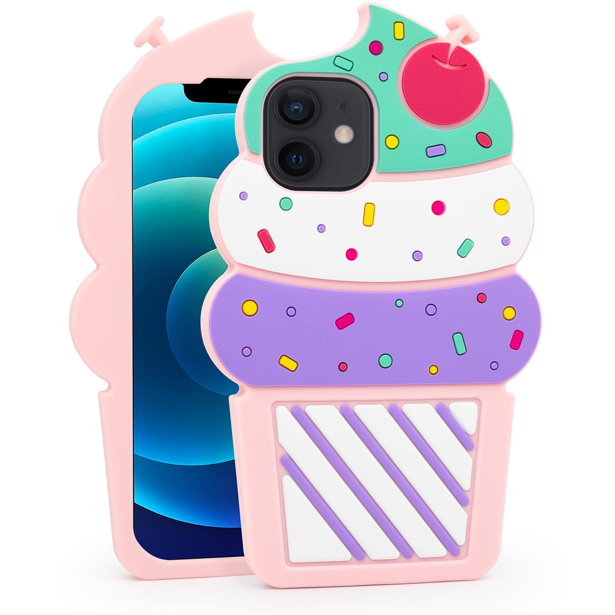 Dumkery Cute iPhone 13 Case, Ice Cream iPhone 14 Case, Funny 3D Cartoon Cupcakes Soft Silicone Shockproof Cases Cover Skin for Girls Women
