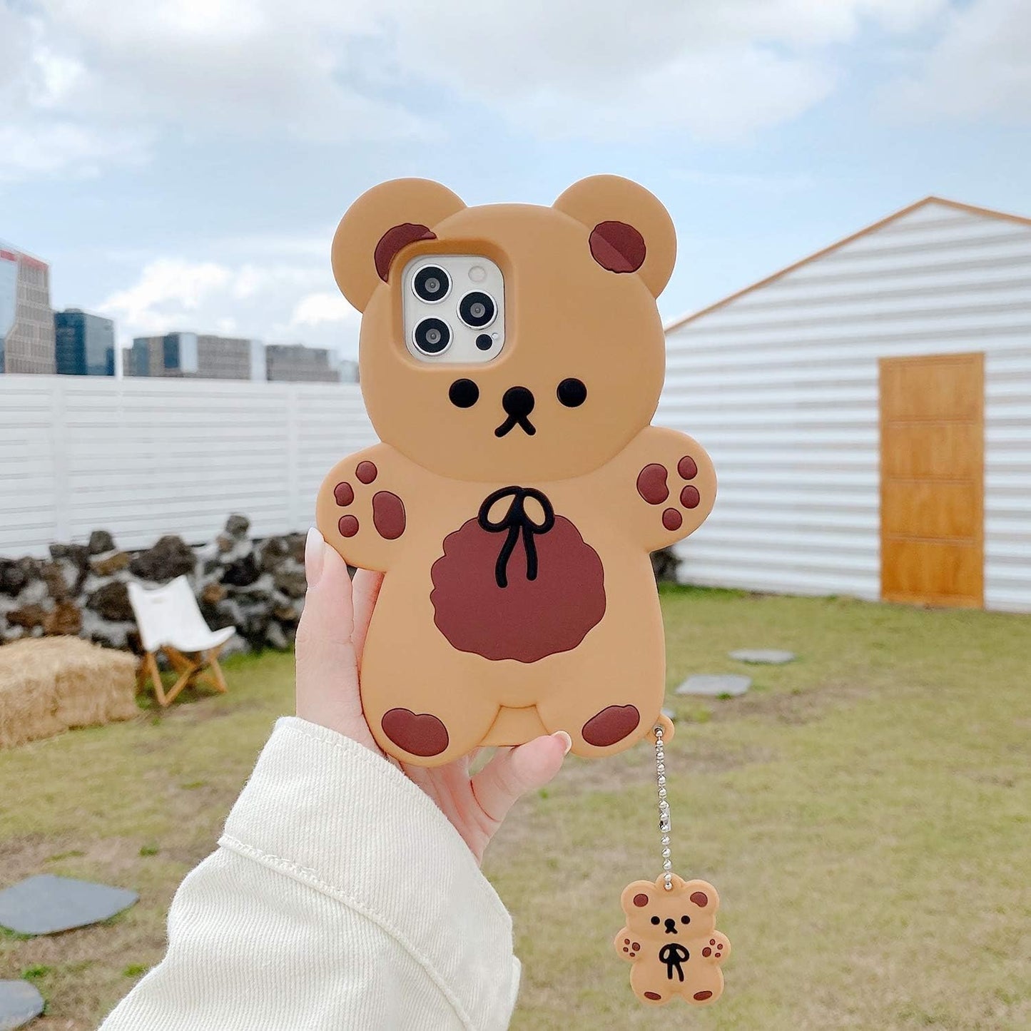 Yatchen Bear Case Compatible with iPhone 16,Kawaii Phone Cases Cute 3D Cartoon Teddy Bear with Keychain Women Girls Soft Silicone Shockproof Cover for iPhone 16