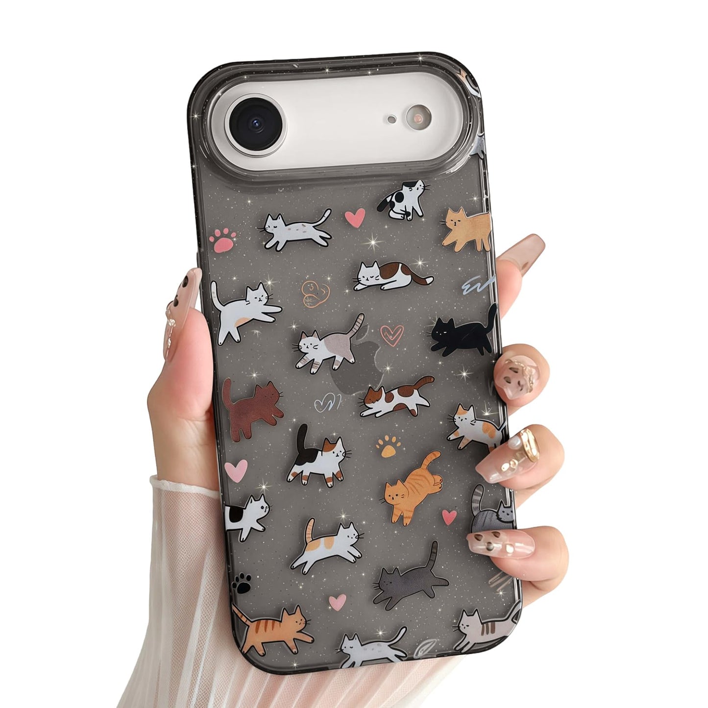 for iPhone 13 Phone Case, Cute 3D Cat Ears and Vintage Hand-Drawn Multi-Cats Heart Cartoon Pattern, with Cat Paw Buttons, Trendy Shockproof Soft Protective Phone Cover, Cat Ears