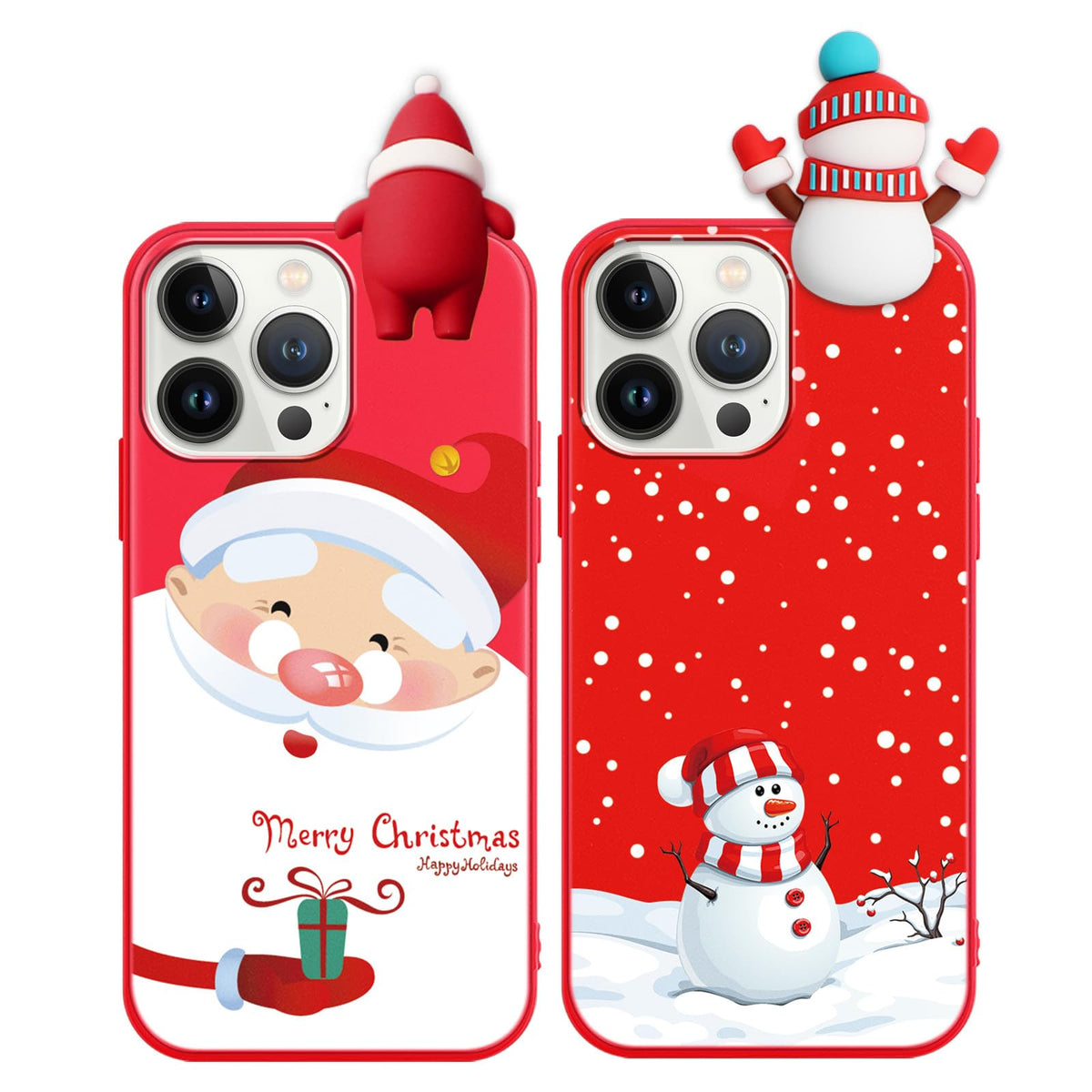 2 Pack Cute Christmas Case for iPhone 13/14",Red 3D Doll Snowman Elk Merry Christmas Pattern Soft Silicone TPU Pretty Flexible Protective Funda for Kid Girls Women