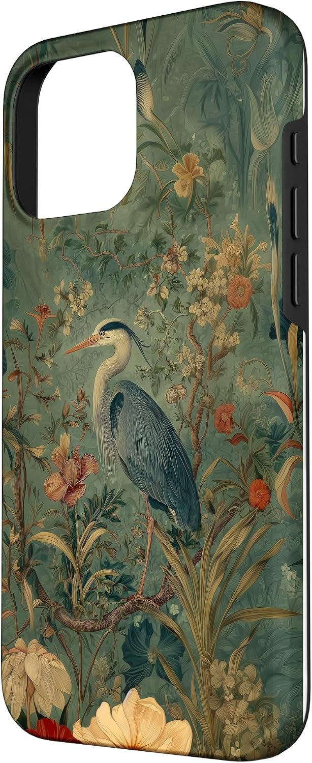 Blue Heron Wildflower Plant Pattern Sage Green Case for iPhone 16 Pro Max