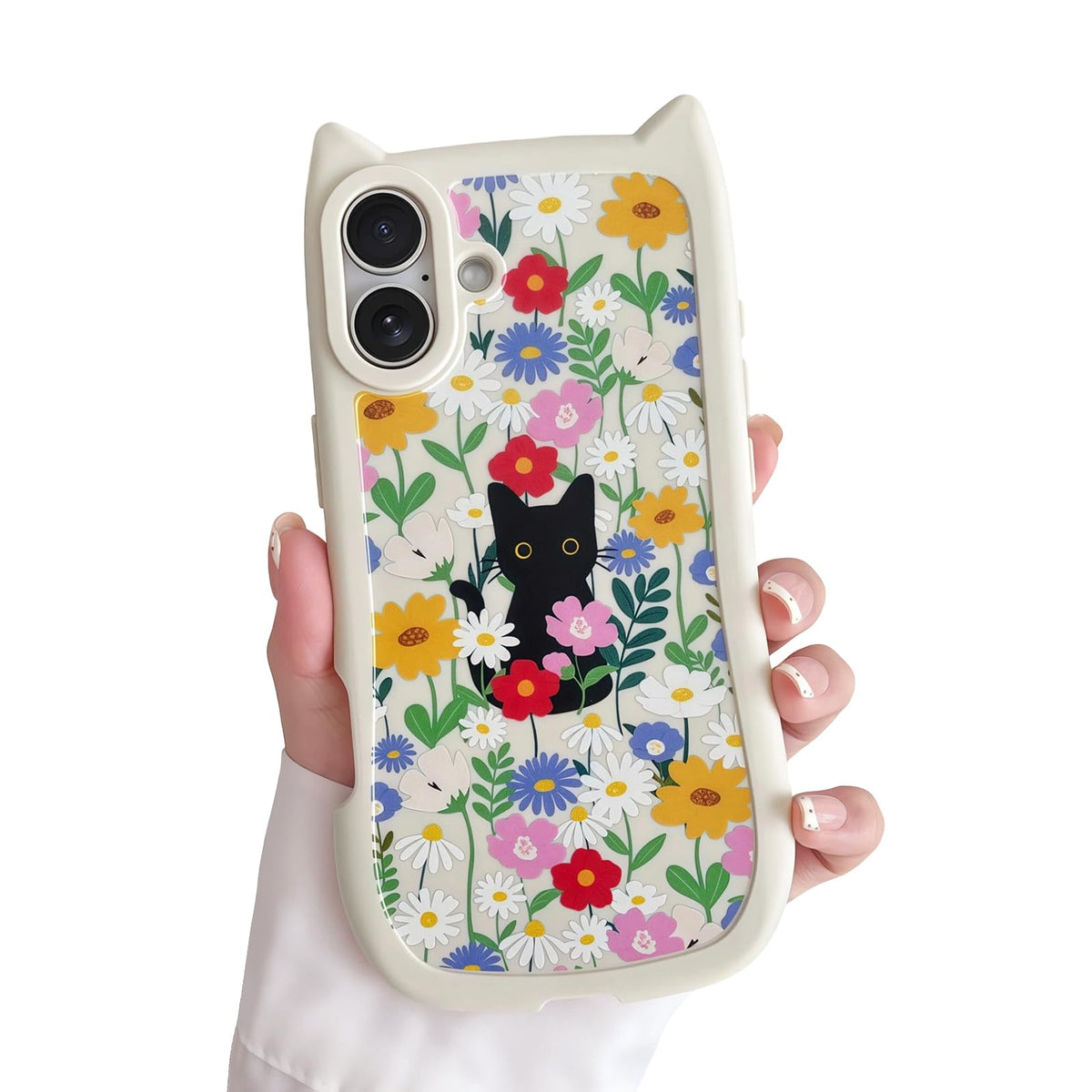 for iPhone 13 Phone Case, Cute 3D Cat Ears and Vintage Hand-Drawn Multi-Cats Heart Cartoon Pattern, with Cat Paw Buttons, Trendy Shockproof Soft Protective Phone Cover, Cat Ears