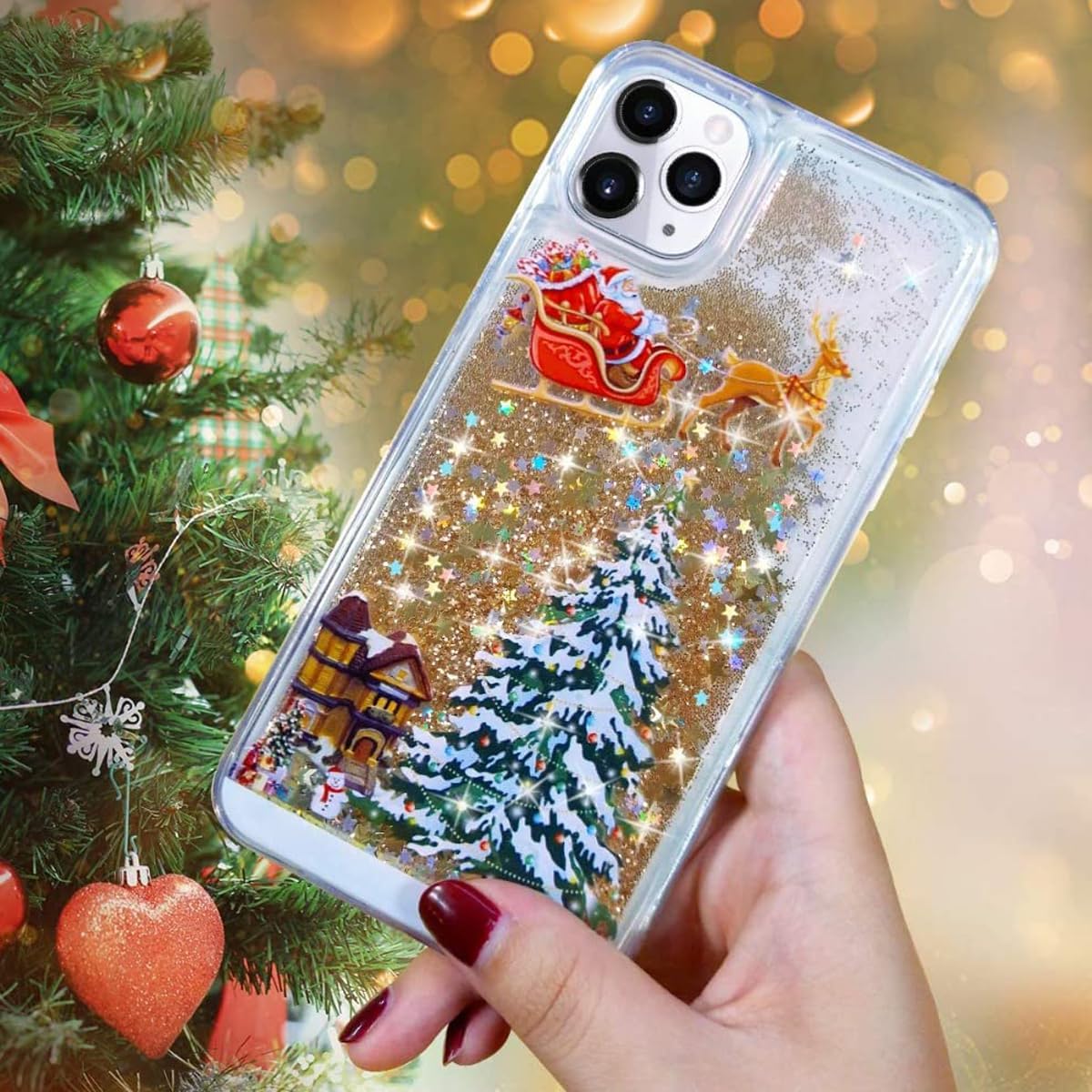 Changjia Glitter Christmas Case for iPhone 11, Cute Christmas Tree Santa Elk Liquid Flowing Floating Moving Bling Sparkle Clear TPU Bumper Shockproof Women Girls Phone Case for iPhone 11 6.1" (Gold)