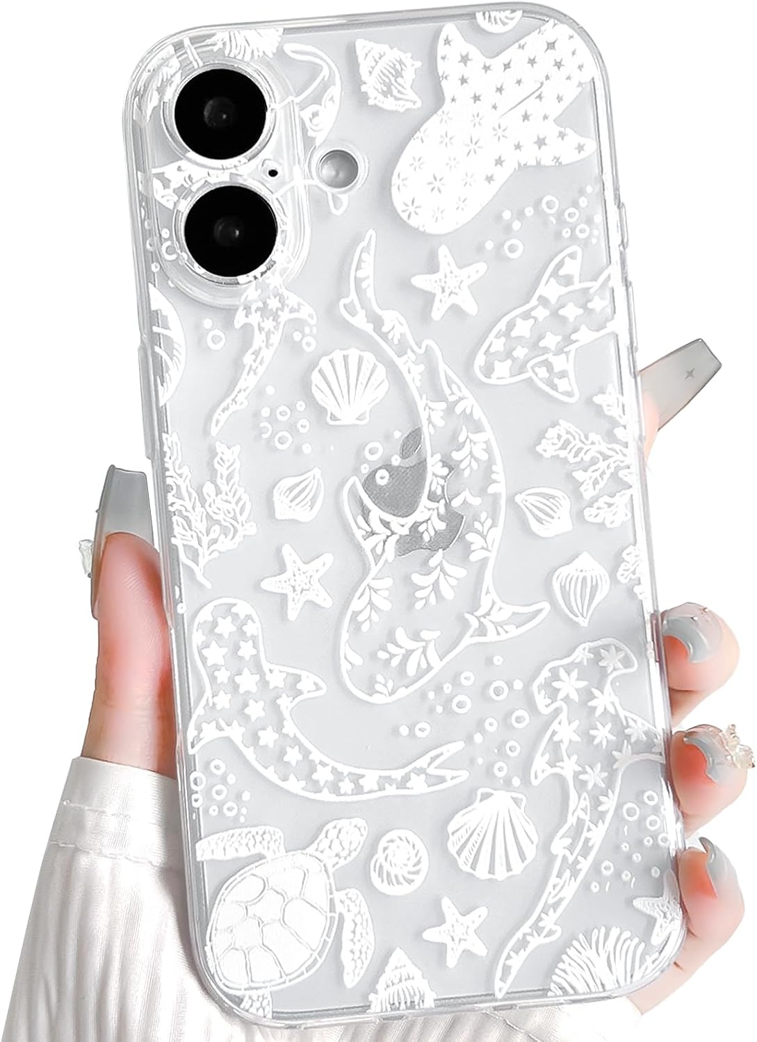 NITITOP Compatible with iPhone 16 Case Clear Sea - White Turtle | Cute, Shell whale ocean animal, For women men girls boys, Slim, Soft TPU, Shockproof