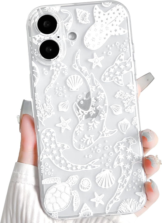 NITITOP Compatible with iPhone 16 Case Clear Sea - White Turtle | Cute, Shell whale ocean animal, For women men girls boys, Slim, Soft TPU, Shockproof