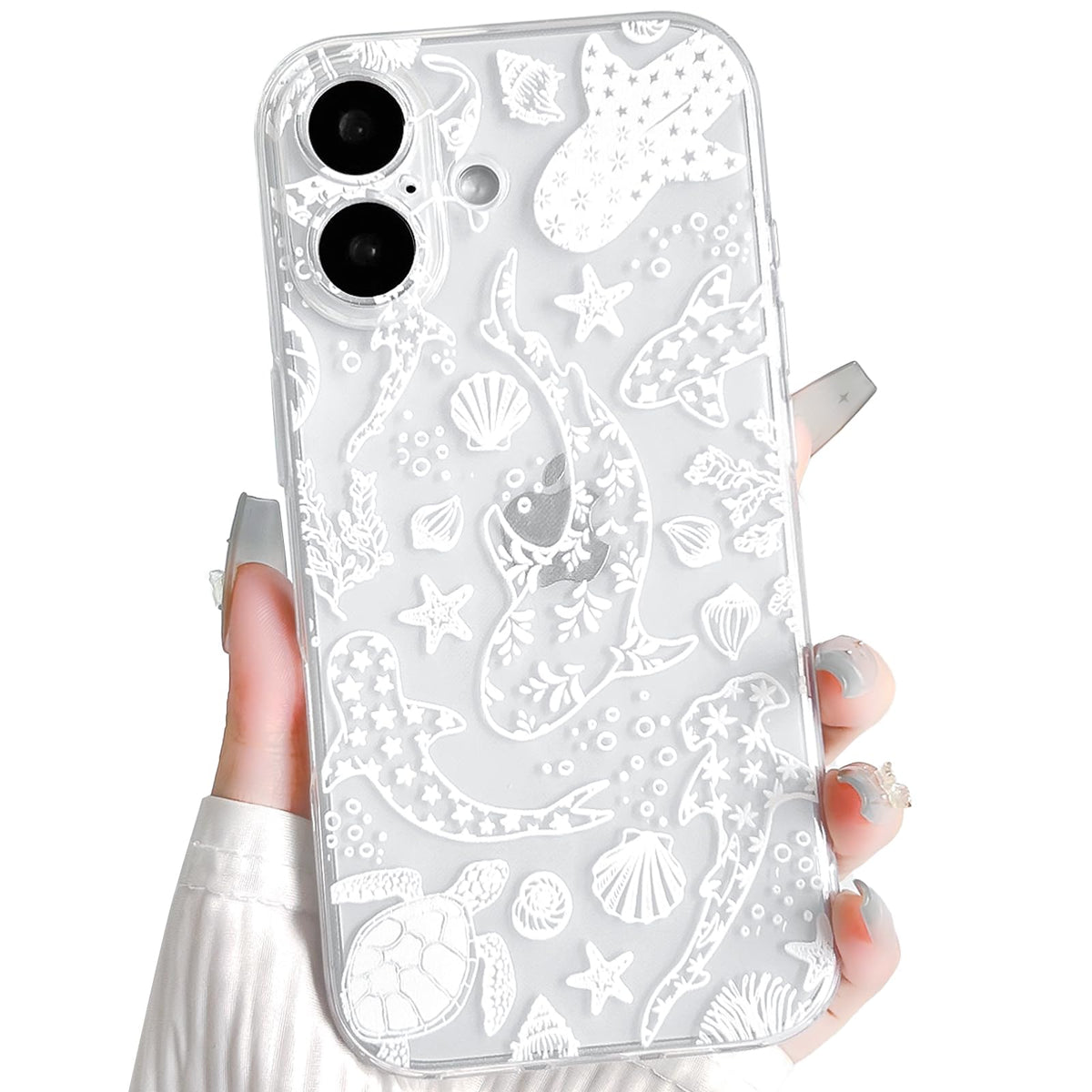 NITITOP Compatible with iPhone 16 Case Clear Sea - White Turtle | Cute, Shell whale ocean animal, For women men girls boys, Slim, Soft TPU, Shockproof