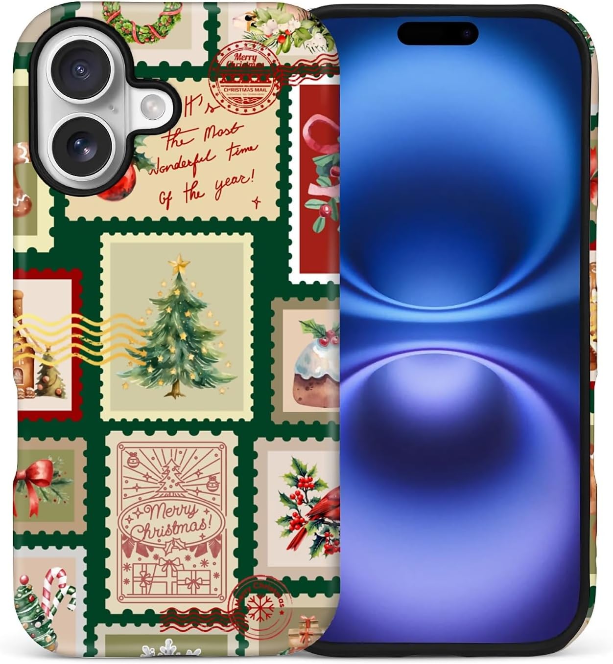 Case for iPhone 17,Drop Protection Hybrid 2-Layer Hard Phone Cover-Vintage Christmas Stamps Collage