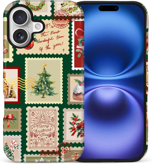 Case for iPhone 17,Drop Protection Hybrid 2-Layer Hard Phone Cover-Vintage Christmas Stamps Collage