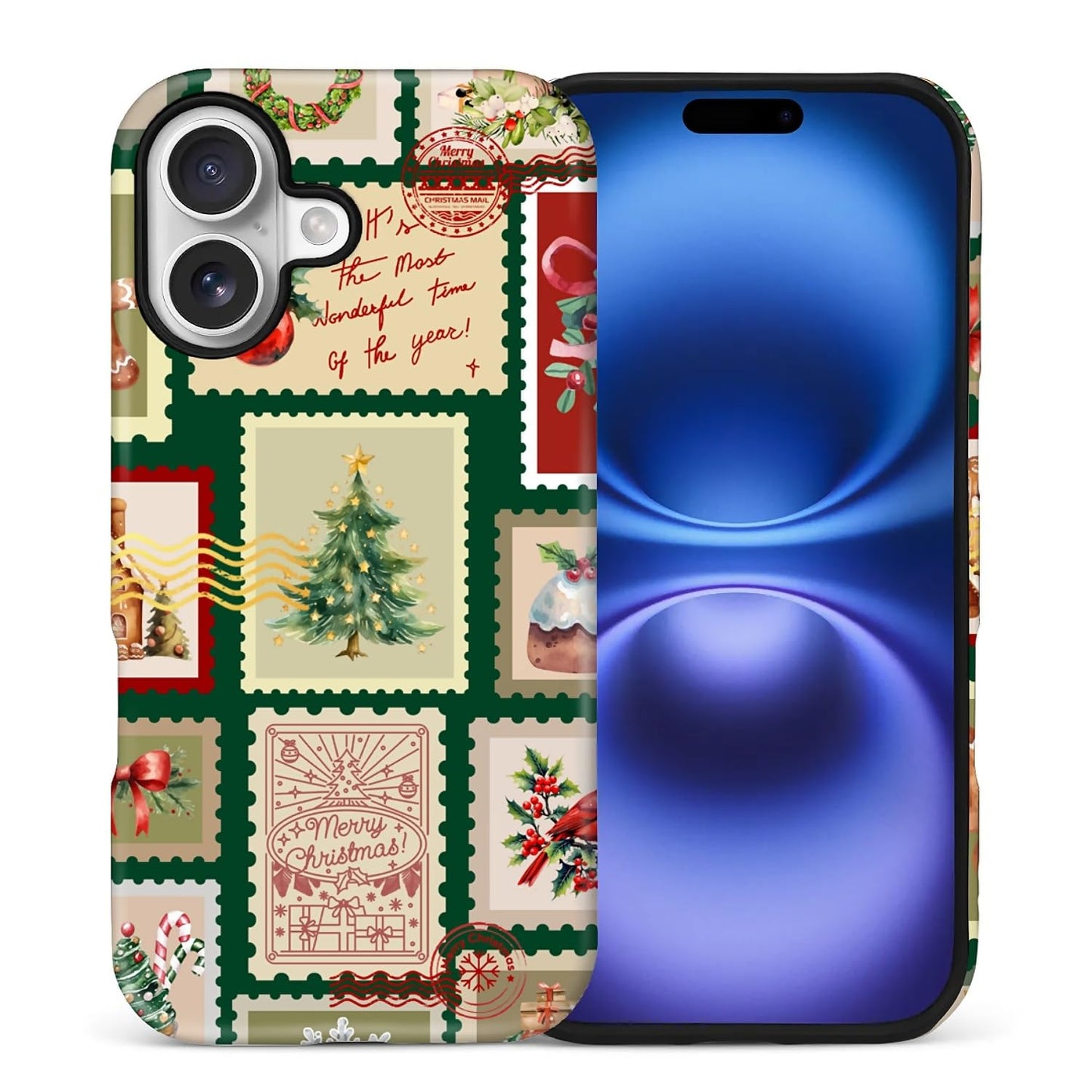 Case for iPhone 17,Drop Protection Hybrid 2-Layer Hard Phone Cover-Vintage Christmas Stamps Collage