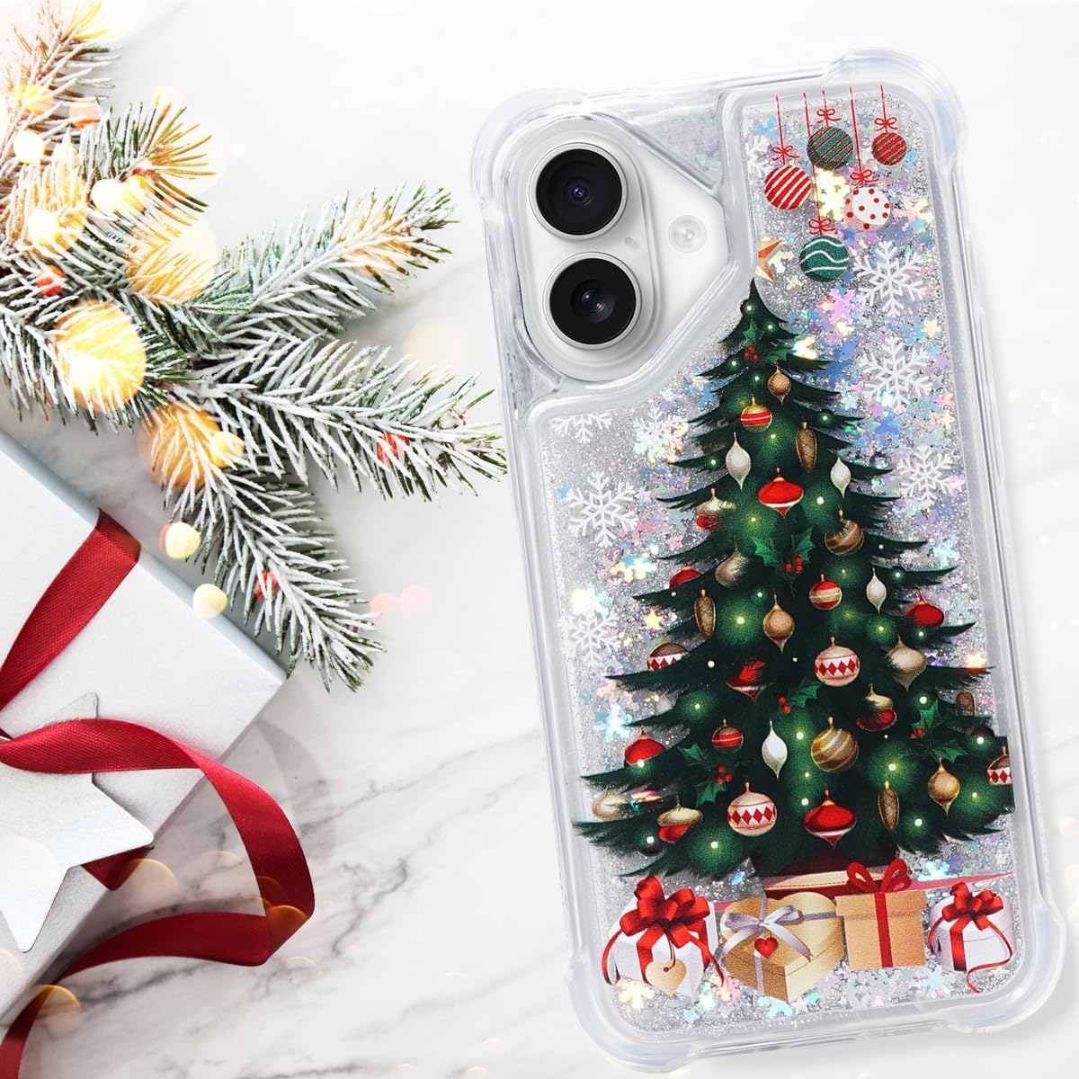 Glitter Christmas Case Compatible with iPhone 16 Bling Sparkle Floating Liquid Luxury Fashion Girly Women Cute Holiday Case for iPhone 16 (Christmas Tree)