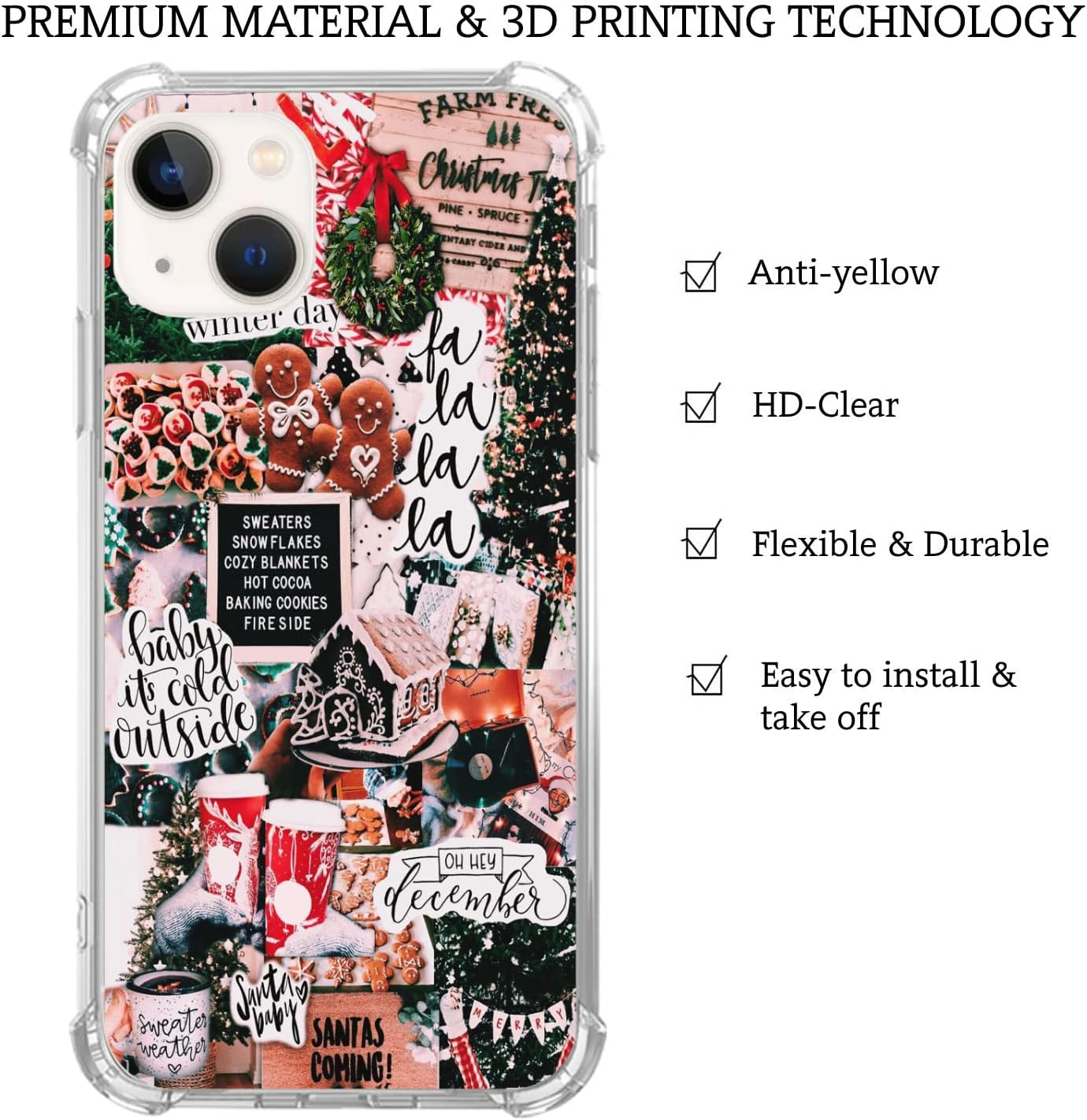Winter Christmas Holiday Collage Case for iPhone 13, Retro Aesthetic Christmas Gingerbread and Tree Pattern Case for Girls Women Men, Unique Trendy TPU Bumper Cover Case for iPhone 13