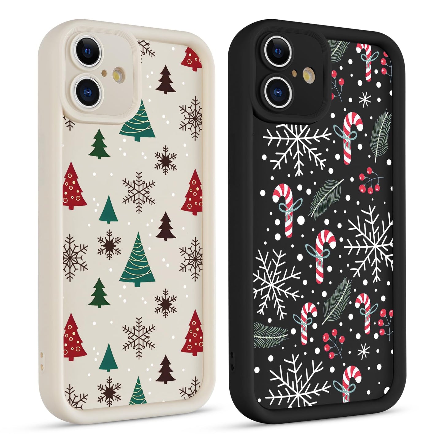 2 Pack Christmas Phone Case for iPhone 12 6.1", Cute Cover with Red Xmas Tree Candy Snowflake Pattern Full Camera Lens Shockproof Soft Silicone Cover for Girl Women