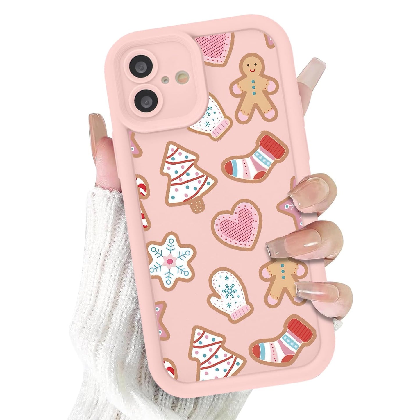Christmas Phone Case for iPhone 14 6.1", Cute Christmas Tree Gingerbread Man Snowflake Pattern Gifts Case, Pink Aesthetic Protective Shockproof Silicone Cover for Women Girls Men -Pink Snowflakes