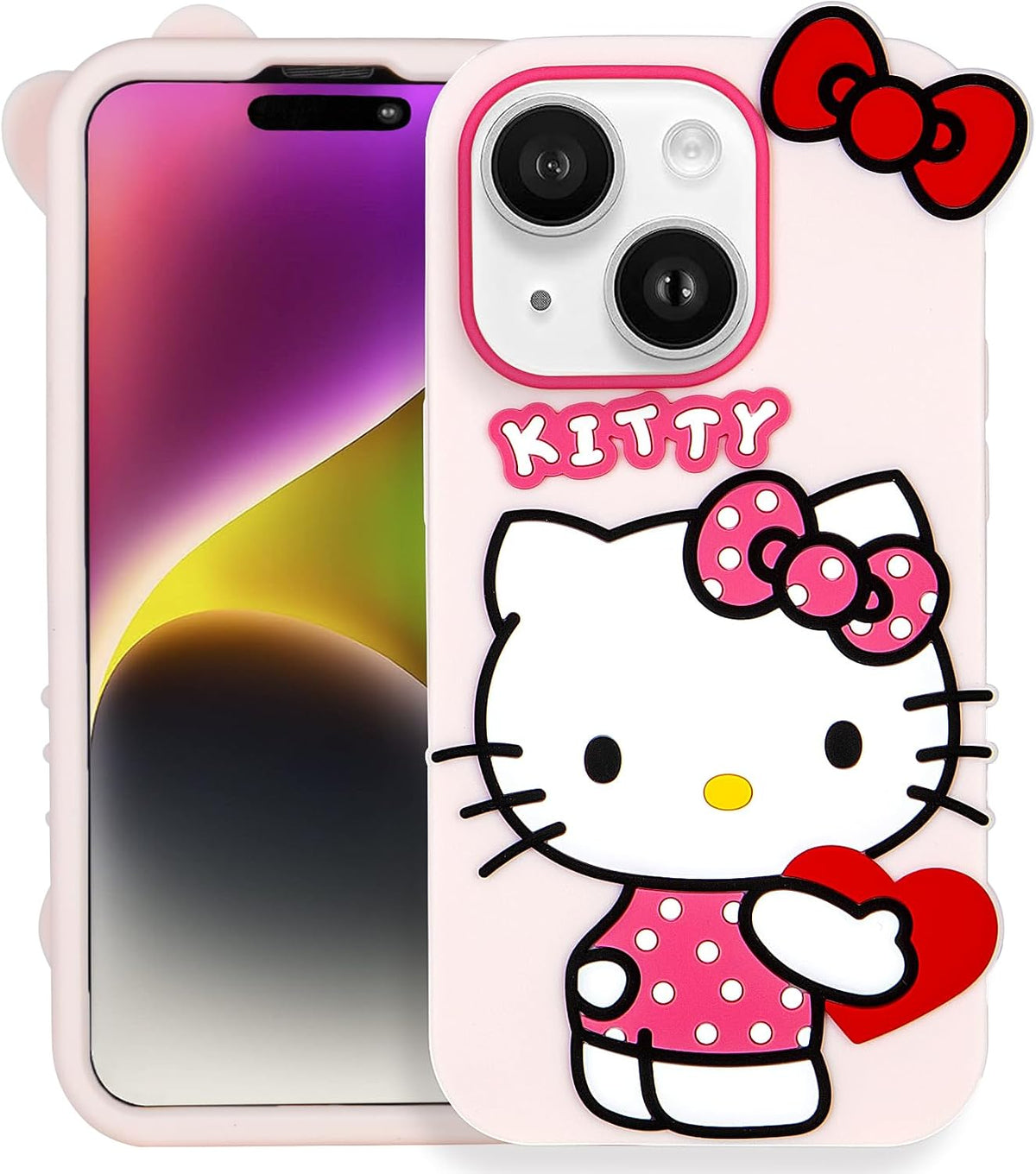 Compatible with iPhone 13/14 Case, Cute Funny Cartoon Kawaii Cat Phone Case 3D Character Soft Silicone Pink Cover Case for Kids Girls and Womens (6.1 inch)