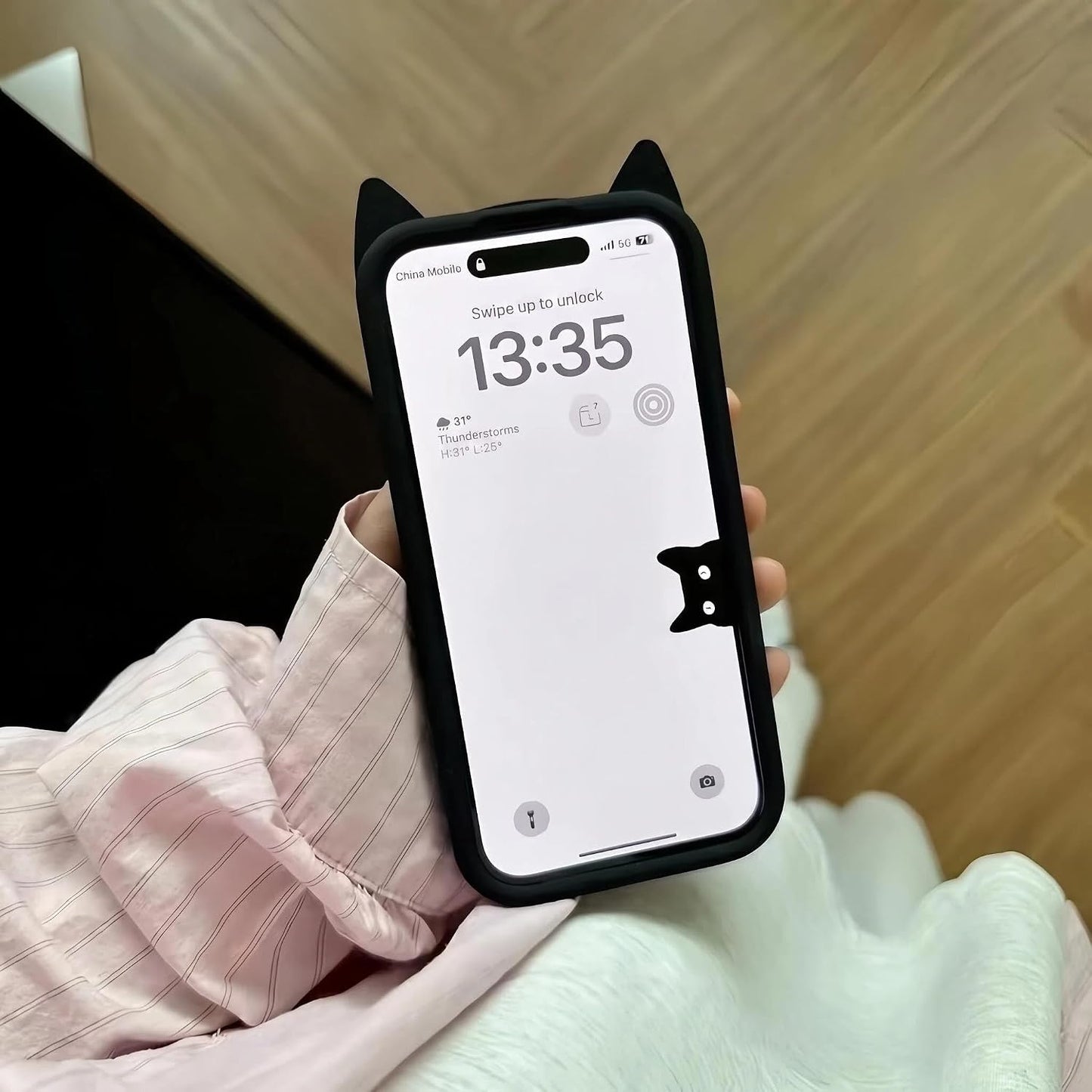 MC Fashion 3D Cat Ears Shockproof Silicone Case for iPhone 15 Black | Precise cutout design, slim snug fit, anti-slip soft grip, cute aesthetic style, ideal gift for women & girls