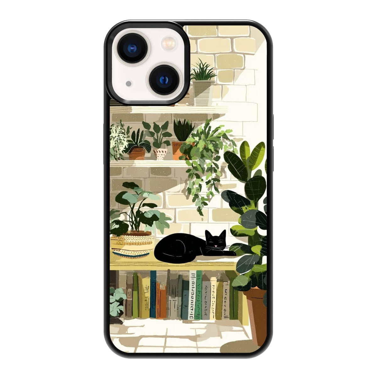 Black Cat Indoor Jungle Potted Plants Bookshelf Dark Green Botanical Urban Forest Phone Case, Shockproof Protective Cover for iPhone 11 12 13 14 15 16 17 Pro Max Plus Mini XR 7 8 SE