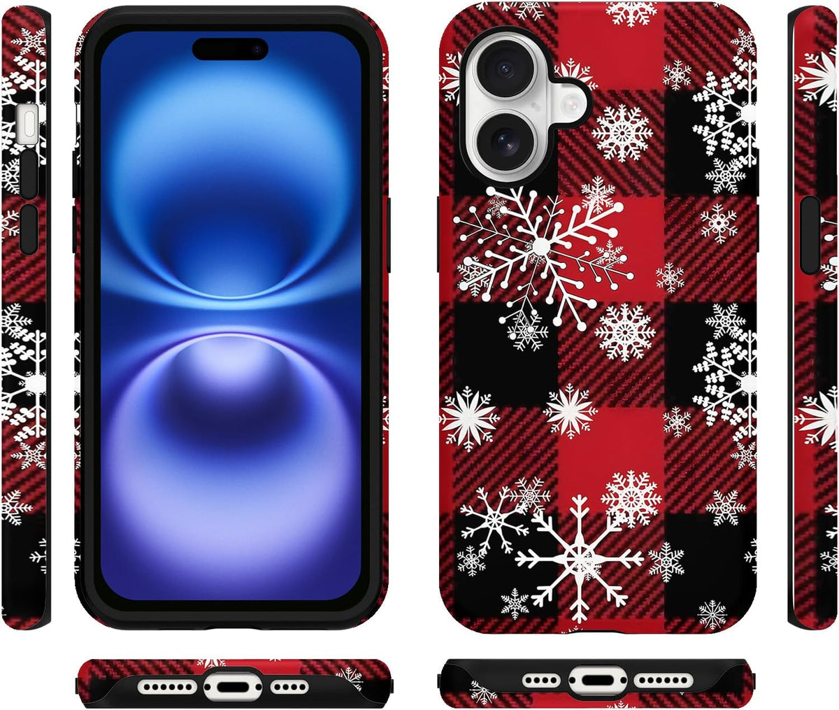 Merry Christmas Phone Case for iPhone 16 6.1", Cute Xmas Case with Snowflake Gingham Plaid Pattern Design 2-in-1 Matte Cover Shockproof Slim Soft TPU Hard PC Protection Girls Women Funda