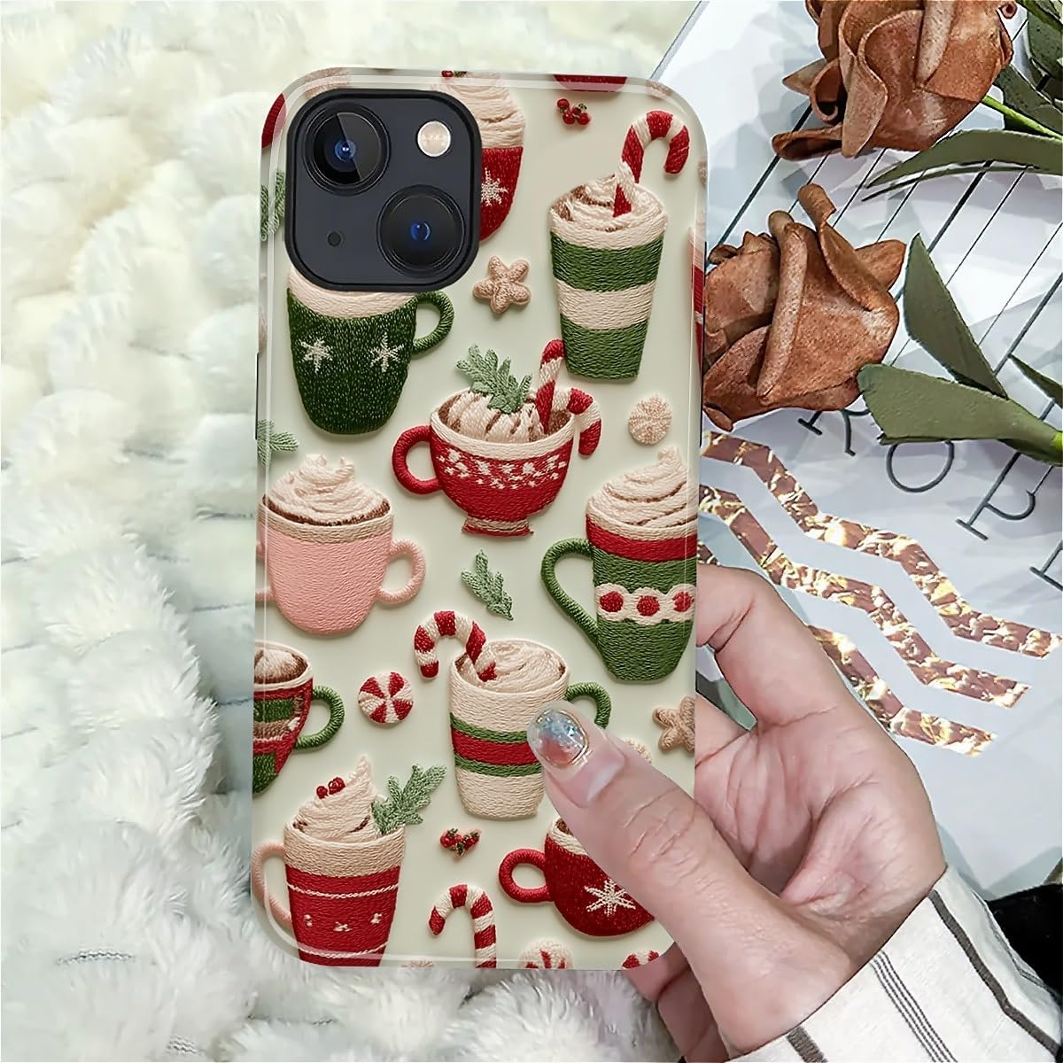 DAIZAG Case for iPhone 13 iPhone 14, Christmas Coffee Snowflake Cane Full-Body Design Hybrid Dual Protection Soft TPU + Hard PC, Shockproof Scratch-Resistant Protective Cover Phone Case for Men Women