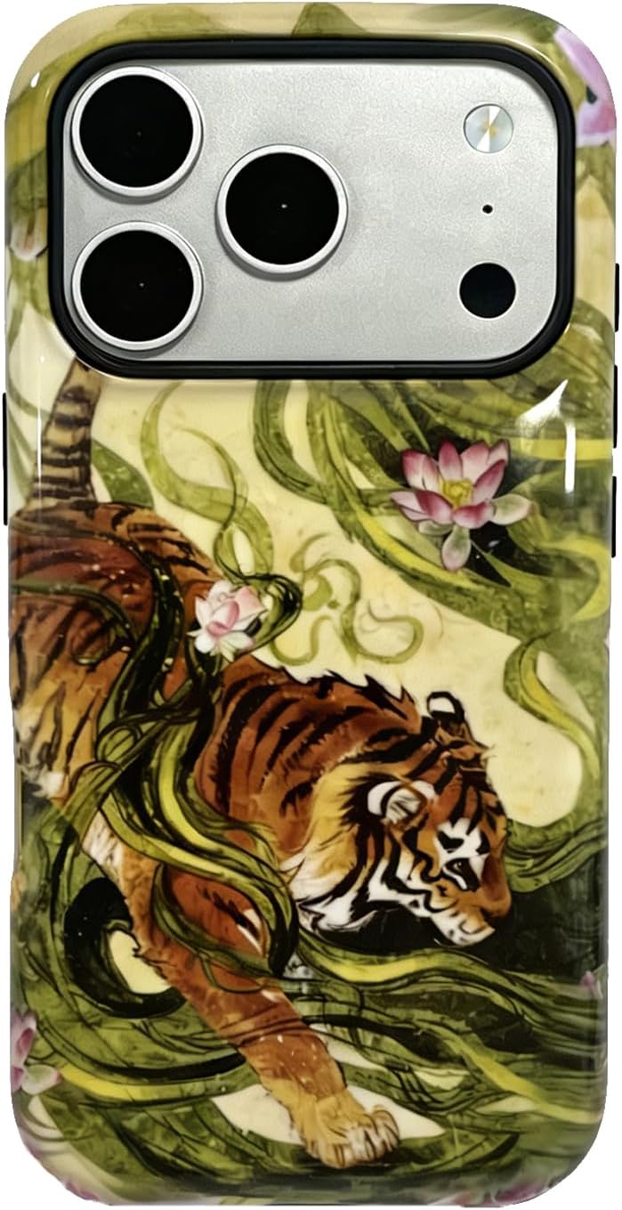 for iPhone 17 Pro Case Cute Retro Chinese-Style Tiger Phone Case Made of Hard PC Material, It Provides Full Protection with A Glossy Finish for Women (Green, iPhone 17 Pro)