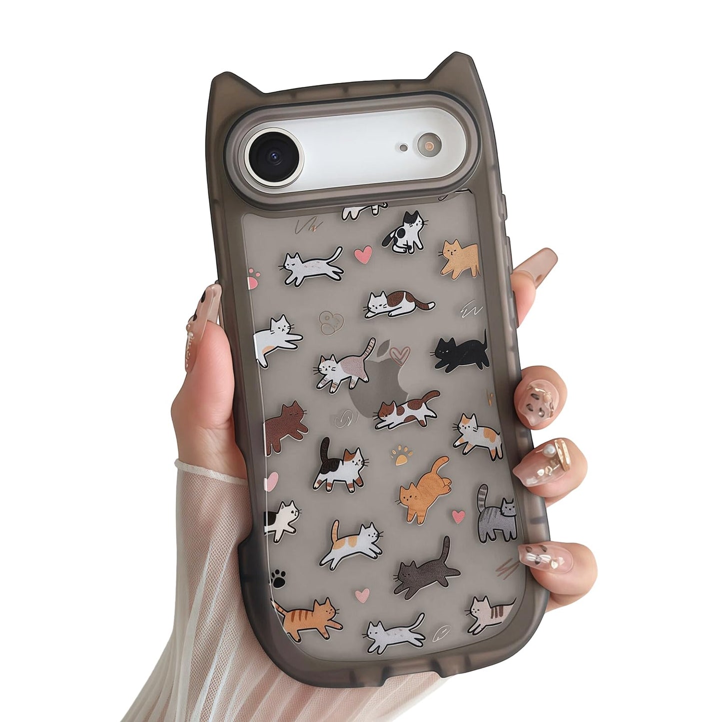 for iPhone 13 Phone Case, Cute 3D Cat Ears and Vintage Hand-Drawn Multi-Cats Heart Cartoon Pattern, with Cat Paw Buttons, Trendy Shockproof Soft Protective Phone Cover, Cat Ears