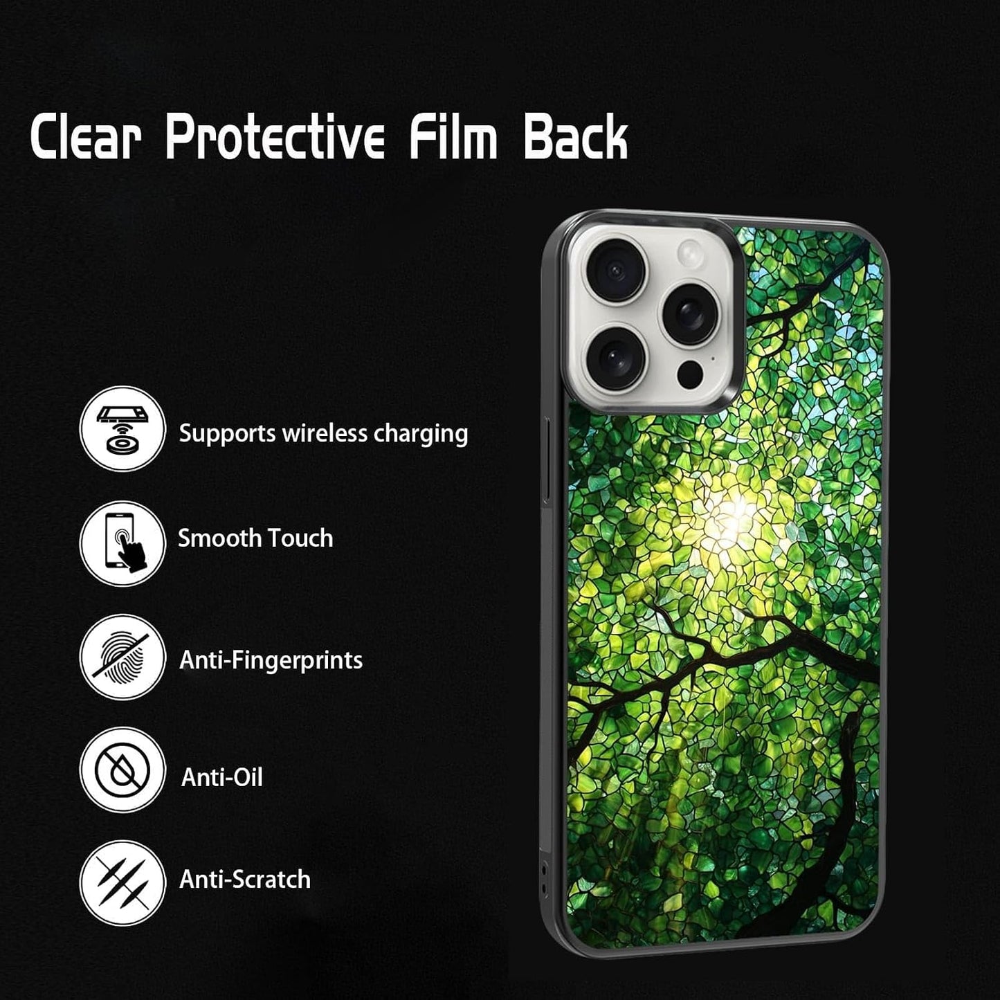 Nature Stained Glass Green Forest Tree Sunlight Phone Case, Shockproof Protective Cover for iPhone 11 12 13 14 15 16 17 Pro Max Plus Mini XR 7 8 SE