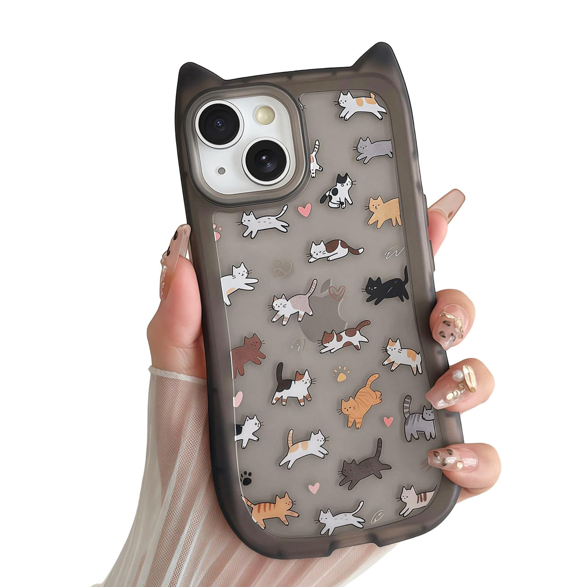 for iPhone 13 Phone Case, Cute 3D Cat Ears and Vintage Hand-Drawn Multi-Cats Heart Cartoon Pattern, with Cat Paw Buttons, Trendy Shockproof Soft Protective Phone Cover, Cat Ears